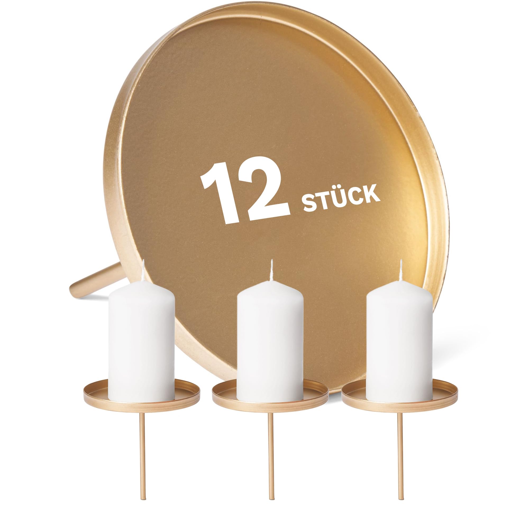 Novaliv 12X Kerzenpick Flach Gold 10cm Durchmesser I Kerzenteller mit Dorn Metall I Adventskerzenhalter Weihnachtsdekoration Kerzenpin I Kerzenstecker für Adventskranz