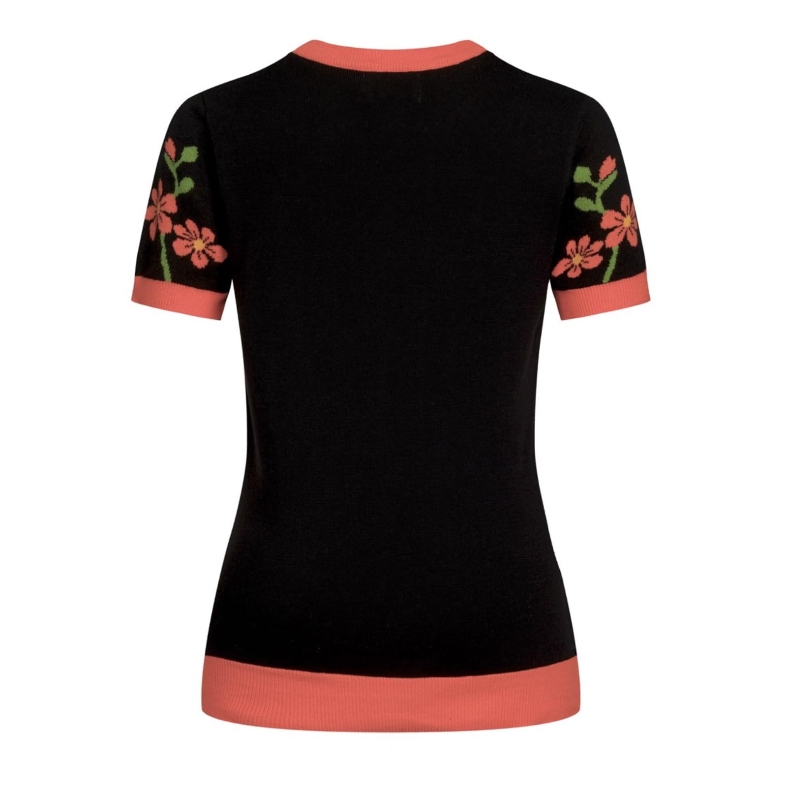 OXKNIT Camisetas Mujer Clásica Negra Camiseta de Punto con Estampado Floral Naranja Jacquard Verano Algodón Casual Top