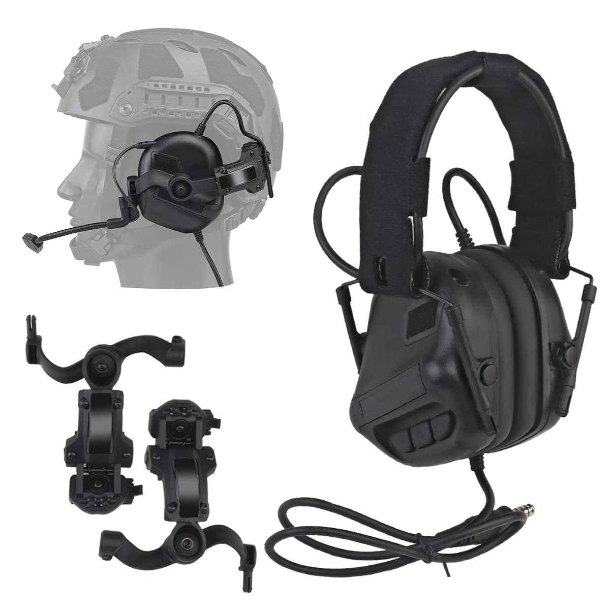 WLXW Auriculares Tácticos para Airsoft (Montados En La Cabeza Y Montados En El Casco), Auriculares con Ancelación Ruido Militar con Adaptador Riel Casco Táctico Rotación Multiángulo