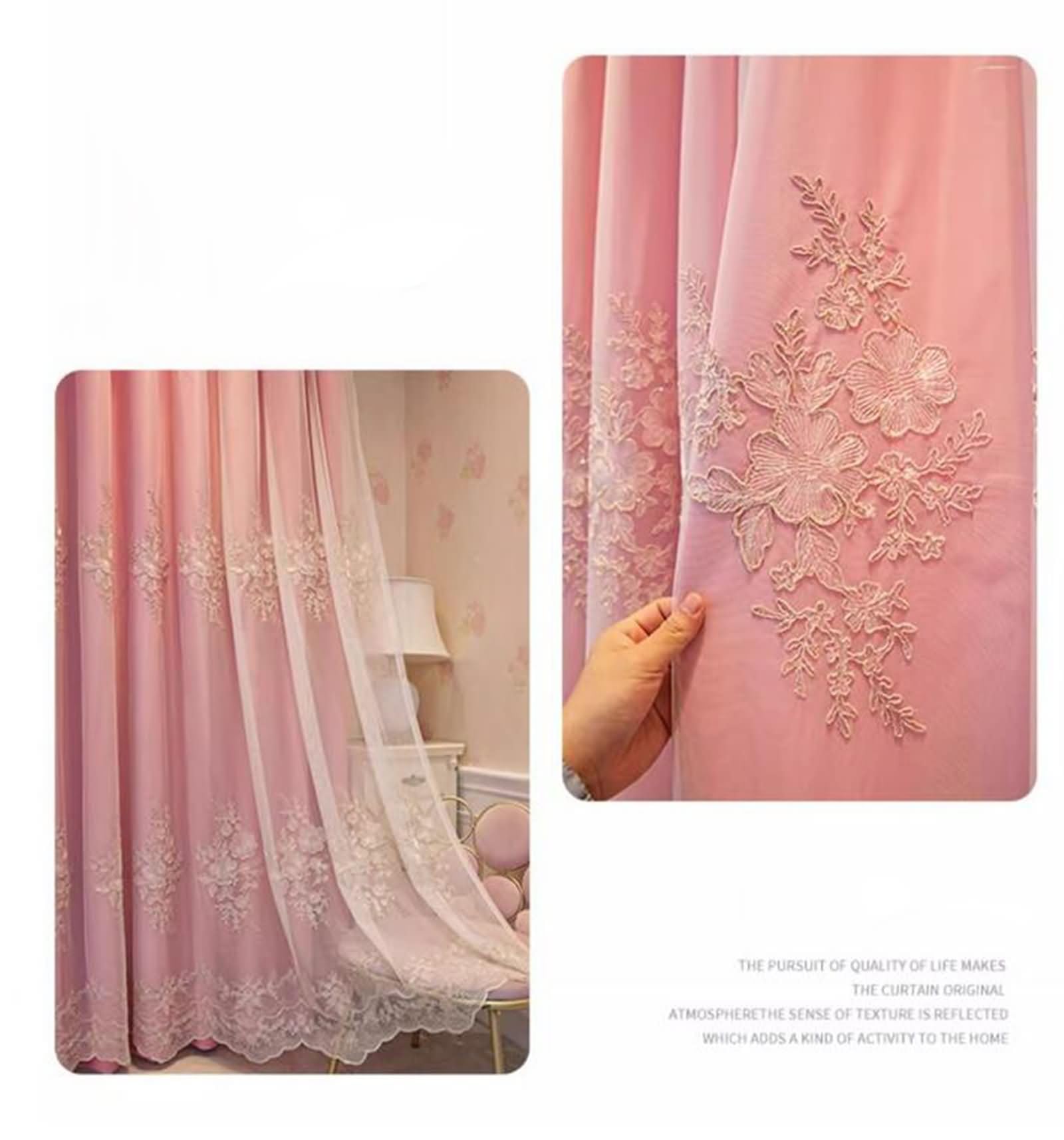 Zestaw 2 zasłon zaciemniających z przelotkami, dwuwarstwowa haftowana koronka i gładkie zasłony do sypialni salonu wewnętrzne różowe, 96 l x 214 cm