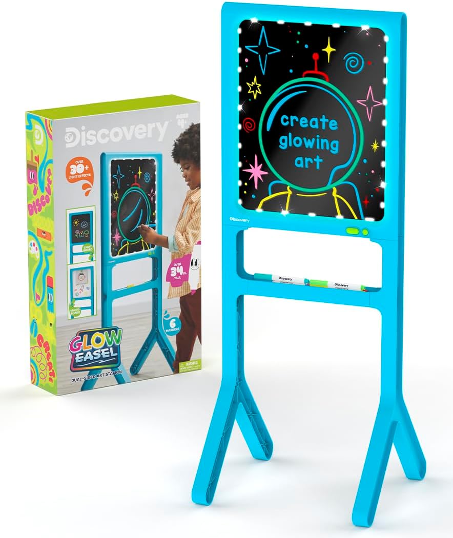 Discovery™ Glow Easel Dual-Sided Art Station – 34” Floor Standing Easel with Light Board, Whiteboard, 6 Neon Dry-Erase Markers| Detachable Drawing Tablet| Coloring Doodle Pad| Arts & Crafts for Kids