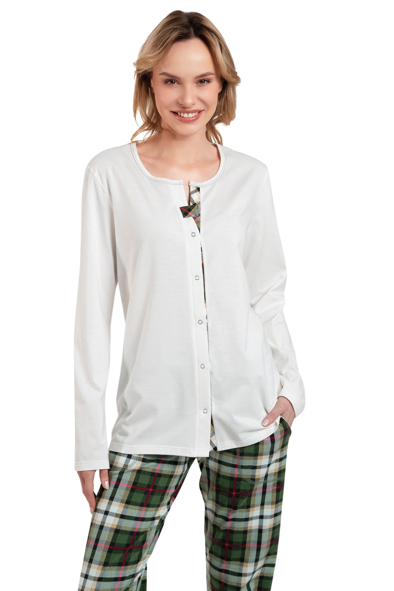Italian Fashion Pyjama Femme Coton | Ensembles de Pyjama Femme avec Boutons | Pyj' Hiver Chaud | Vêtements de Nuit | 2 Pièces avec Haut à Manches Longues S-XXL