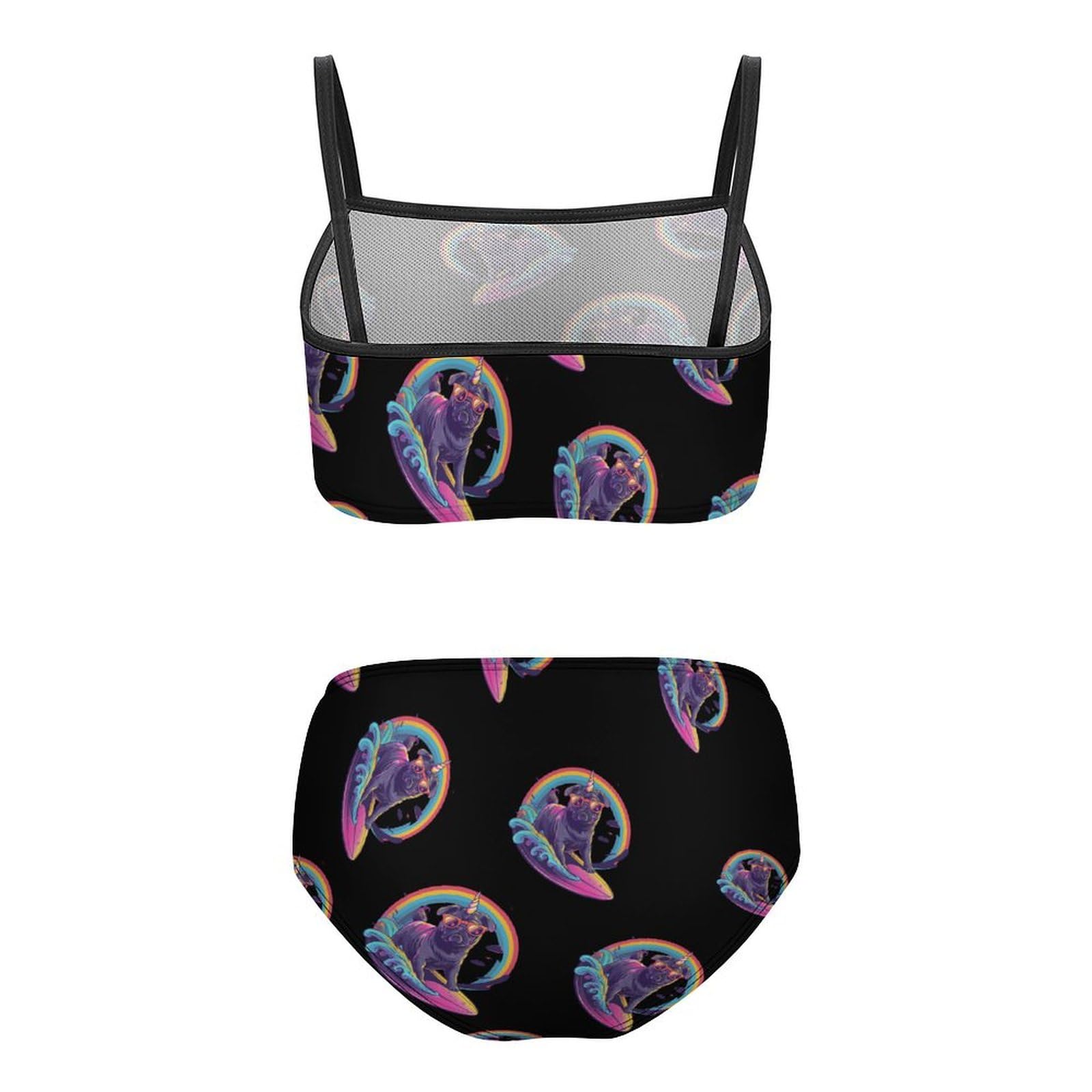Funny Unicorn Pug Surfing Girls Swimsuits Two Piece Bikini Sets Beach Sport Swimwear Bathing Suit 6-7Y?110cm?