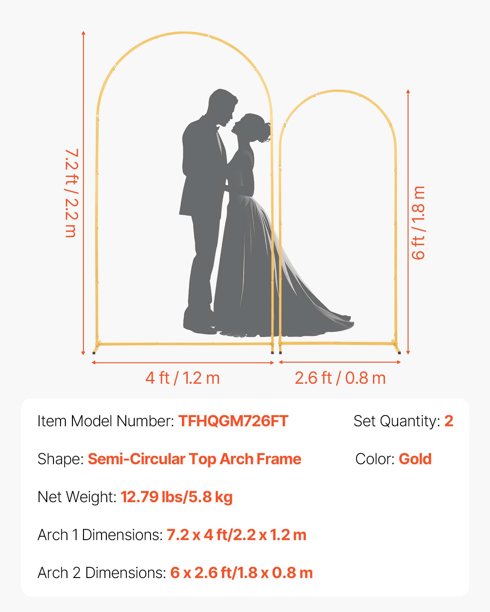 VEVOR Supporto per Fondale ad Arco, Set da 2, 2,2 m e 1,8 m, Struttura Stabile, Facile da Montare, in Metallo Dorato per Decorazioni di Matrimoni, Feste di Compleanno, Lauree, Celebrazioni