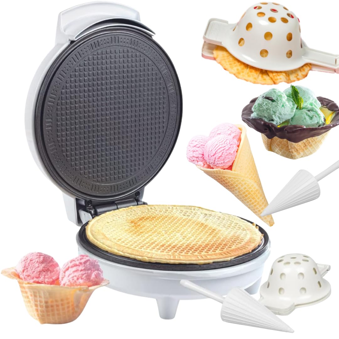 Waffle Cone & Bowl Maker for Homemade Ice Cream Cones- Includes Amazon Exclusive Bowl Press & Shaper Roller- Electric Nonstick Waffler Iron Machine for DIY Dessert Sundaes, Gift Treat for Kids Adults