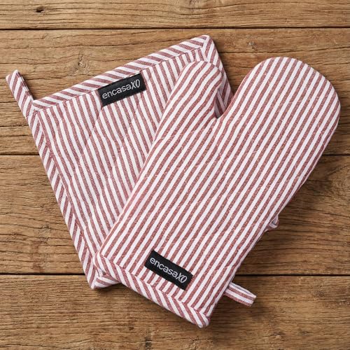 Image of Encasa XO Heat Resistant 100% Cotton Oven Glove & Potholder Set with Loop, Kitchen Cooking Mittens, Microwave Safe Hot Pads (Ticking Red)