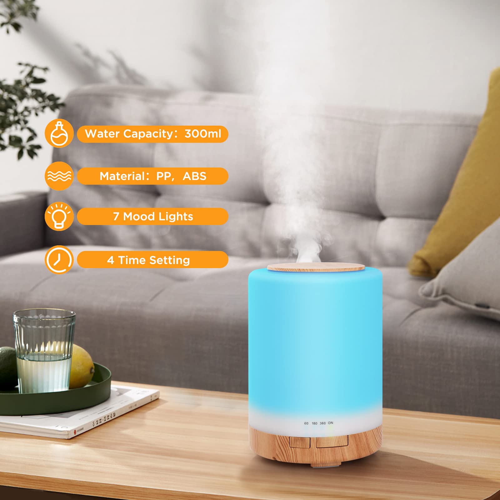WD&CD Diffusore di Aromi, 300ml Umidificatore Ultrasuoni con Telecomando/7 LED Colori/Spegnimento Automatico, Diffusore di Oli Essenziali per Spa,Yoga,Camera da Letto - Venatura del Legno Chiaro