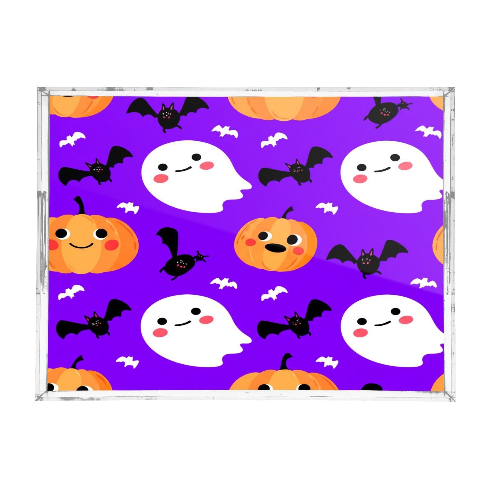 BOESI Halloween Ghosts and Bats Acrylic Decorative Dining Tray, Acrylic Decorative Tray Organizer with Handle for Kitchen, Dining Room, Bathroom, Dresser