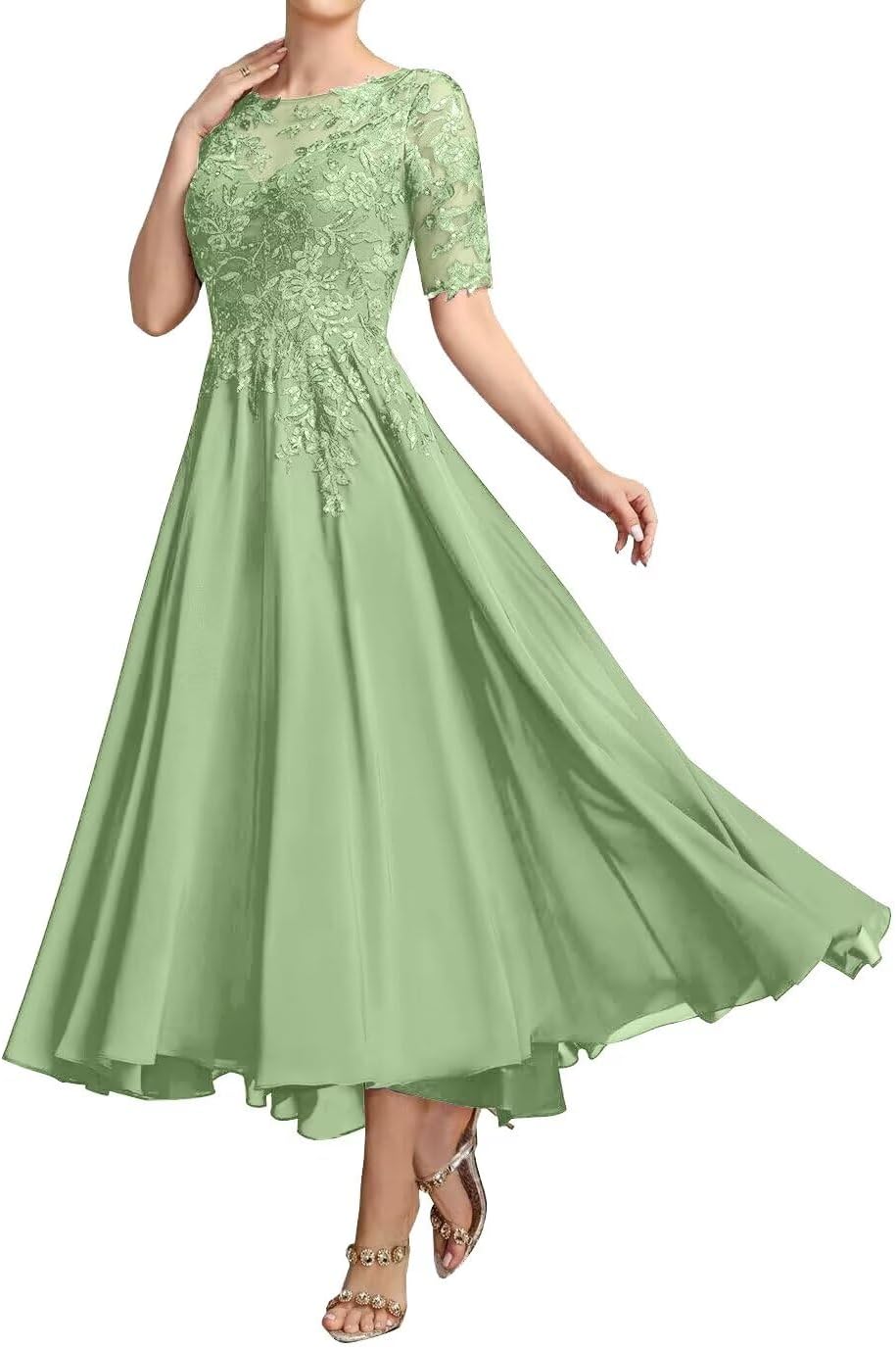 Mother of The Bride Dresses for Wedding Lace Appliques Chiffon Short Sleeve Mother of The Groom Dress Ankle Length He6017