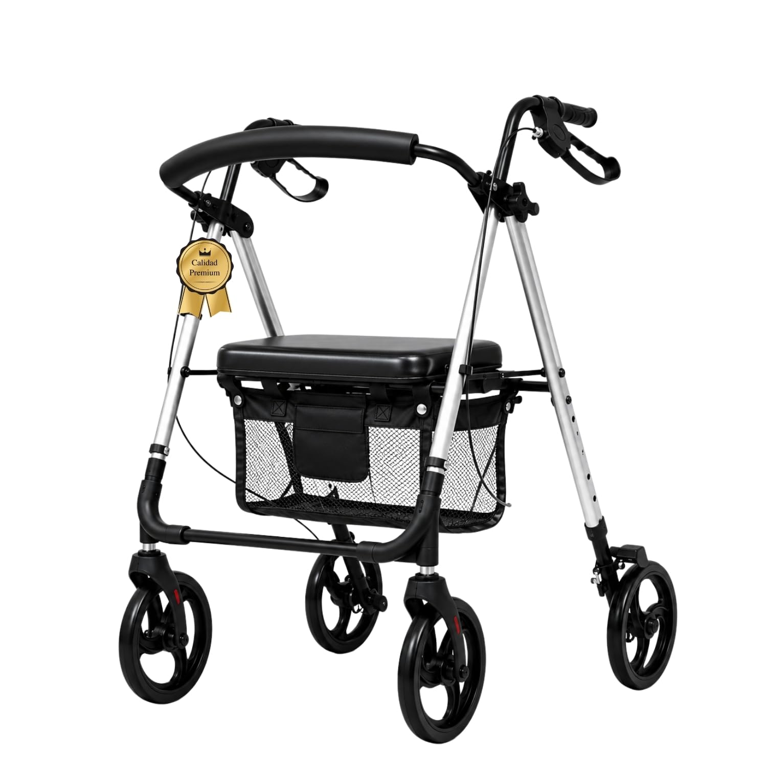 INSTANICA Andador para Ancianos con Asiento MA05, MARCA ESPAÑOLA - Plegable,Super Ligero,Caminador para Personas Mayores, Cesta, RUEDAS 8 PULGADAS, ALUMINIO, COLOR GRIS, ASIENTO DOBLE REGULARIZACION