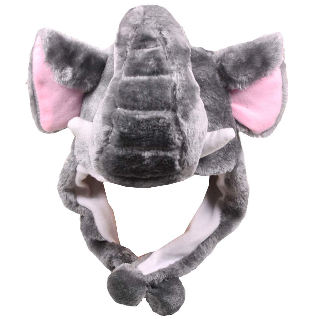 Choose from Over 25 Animals! - Plush Faux Fur Animal Critter Hat Cap - Soft Warm Winter Headwear - Short with Ear Poms and Flaps & Long with Scarf and Mittens Available (Short Elephant)