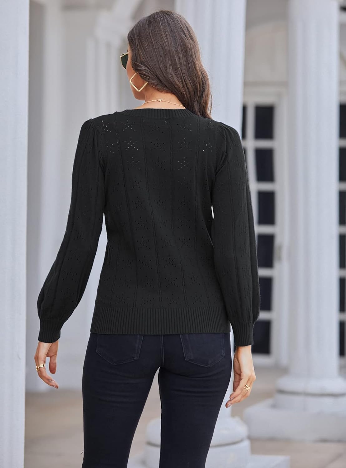 GRACE KARIN Women's Long Lantern Sleeve Crew Neck Crochet Top Hollow Out Fall Pullover Sweater