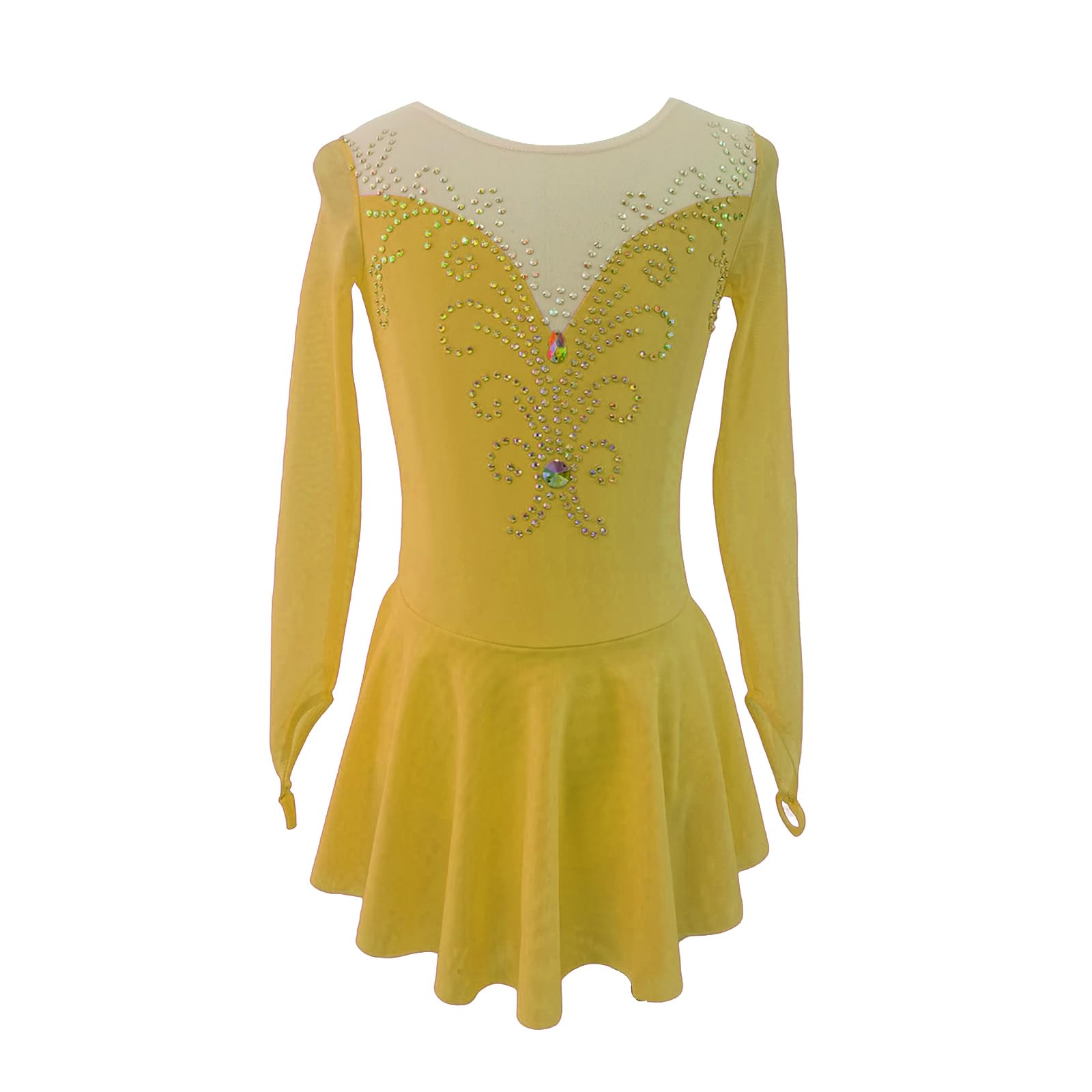 LIUHUO Ice Figure Skating Dress Girls' Elegant Handmade Crystal Long Sleeves Competition Womens Yellow