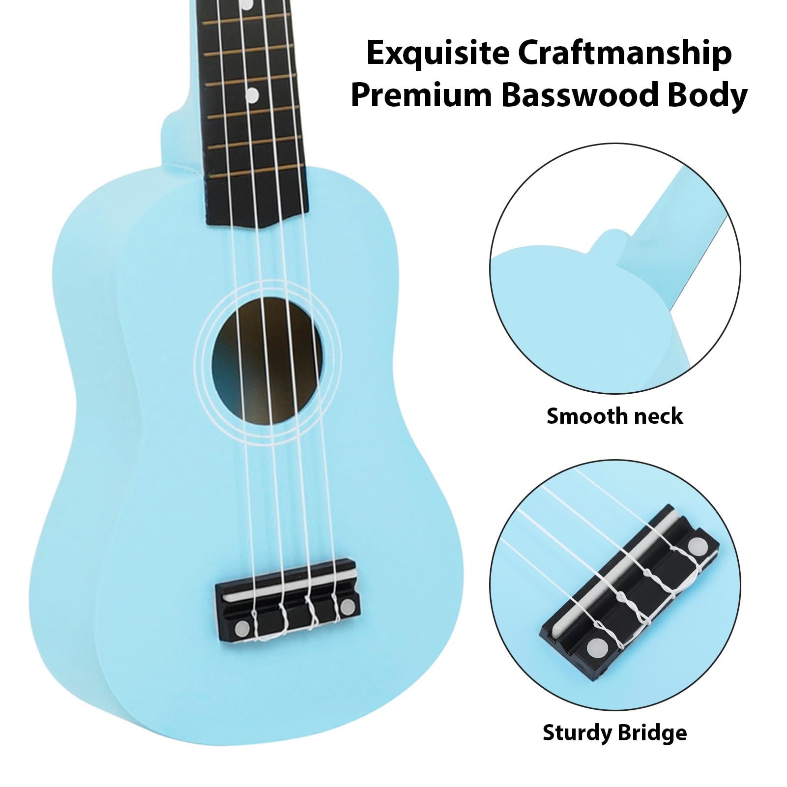 Jeffergarden Ukulélé de 53 Cm (21 pouces) avec Corps en Tilleul, Cordes en Nylon et Accordeur intégré. Kit Complet pour Débutants Comprenant Housse, Sangle, Médiators et capodastre. Convient (BLUE)