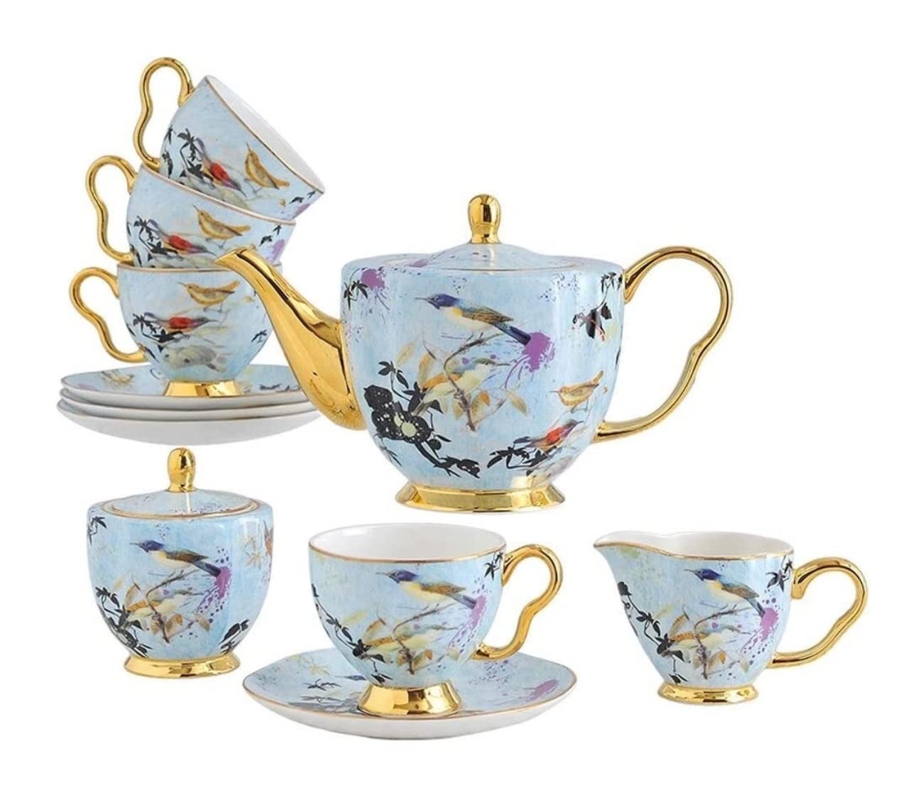 Serwis Do Kawy Na Przyjęcie 11 Sztuk Zestaw Do Kawy Z Porcelany Kostnej Europejski Wzór Ptaka Herbaty Garnek Śmietanka Cukiernica Czajniczek Filiżanka Kubek Danie Popołudniowa(Blue)