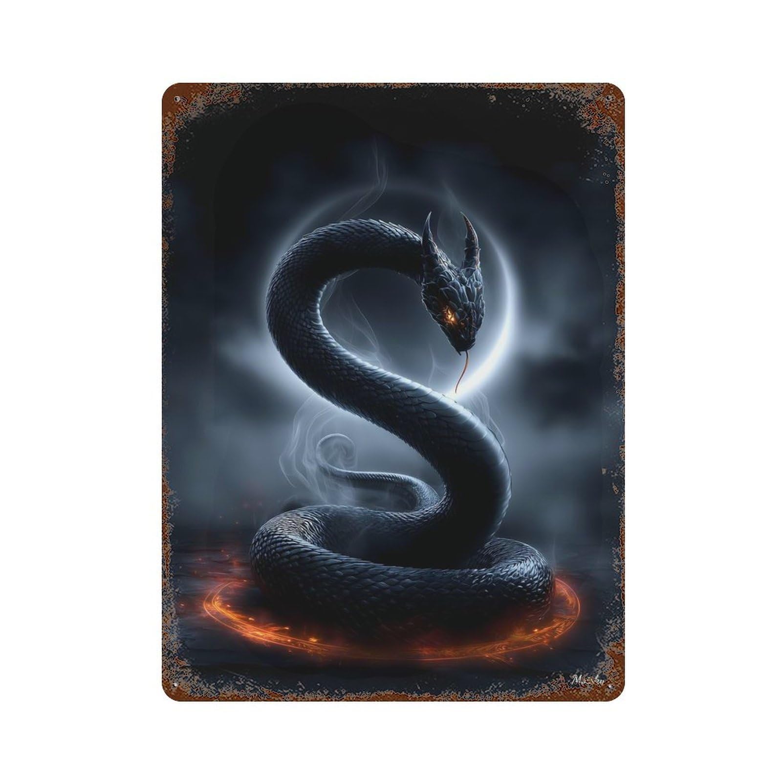 Garage Style Serpent of The Veil – Flamebound Lunar Coil Aged Metal Wall Plaque 15.7"x11.8", Farmhouse Wall Decor for Bar And Workshop