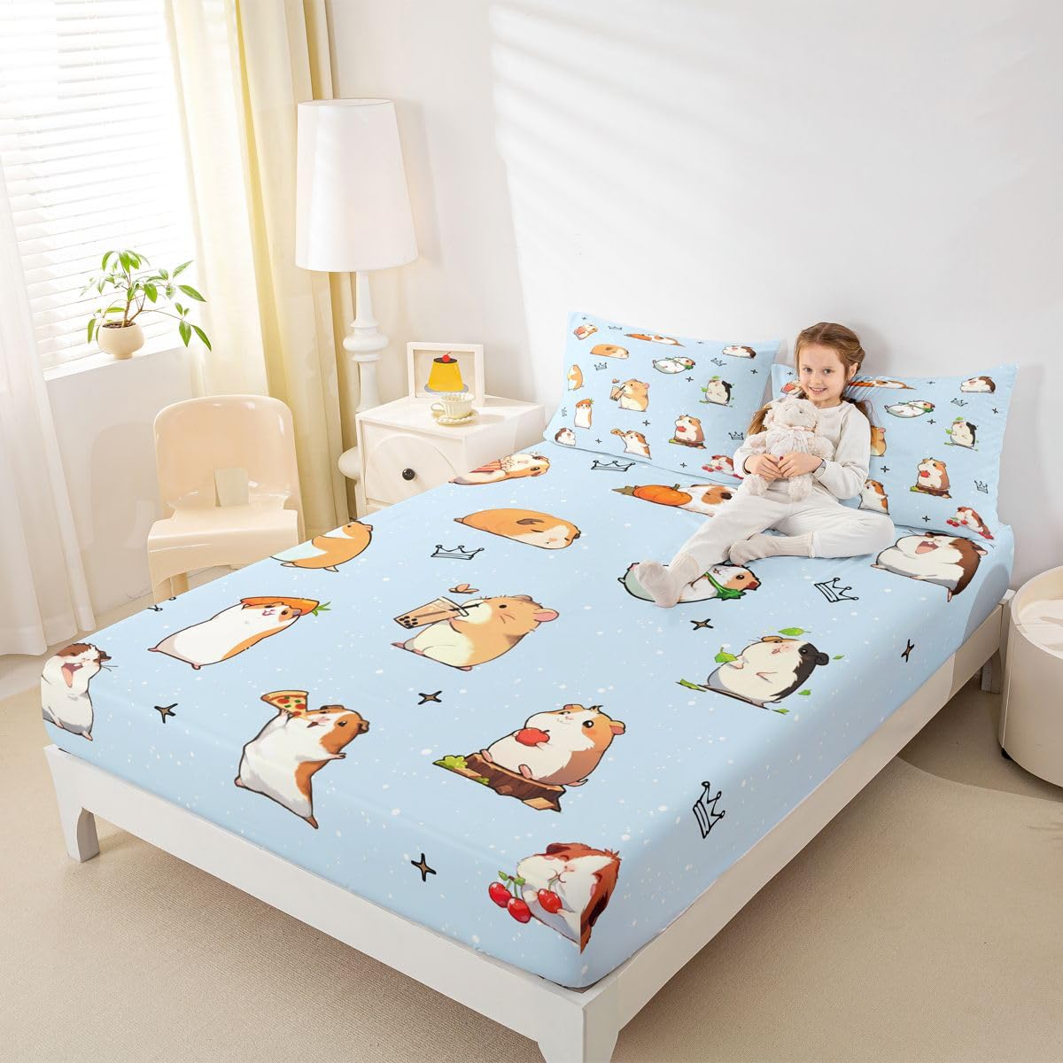 Homewish Kawaii Świnka morska zestaw pościeli podwójne kreskówka mysz prześcieradła gryzonie zwierzę pościel - herbata mleczna i owoce wzory prześcieradła zestaw 4 sztuk