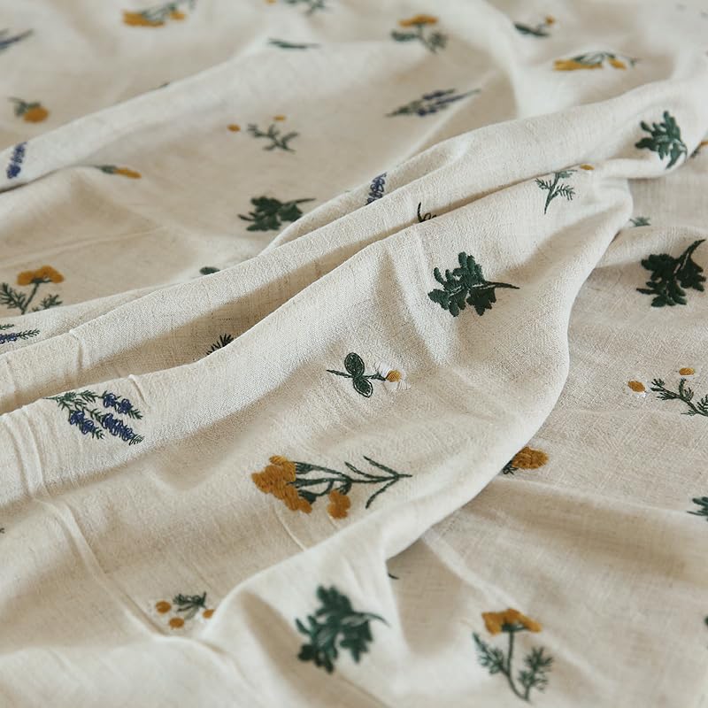 Tissus Couture Tissu Vintage en coton et lin brodé de fleurs, tissu for vêtements robes, bricolage artisanal au mètre