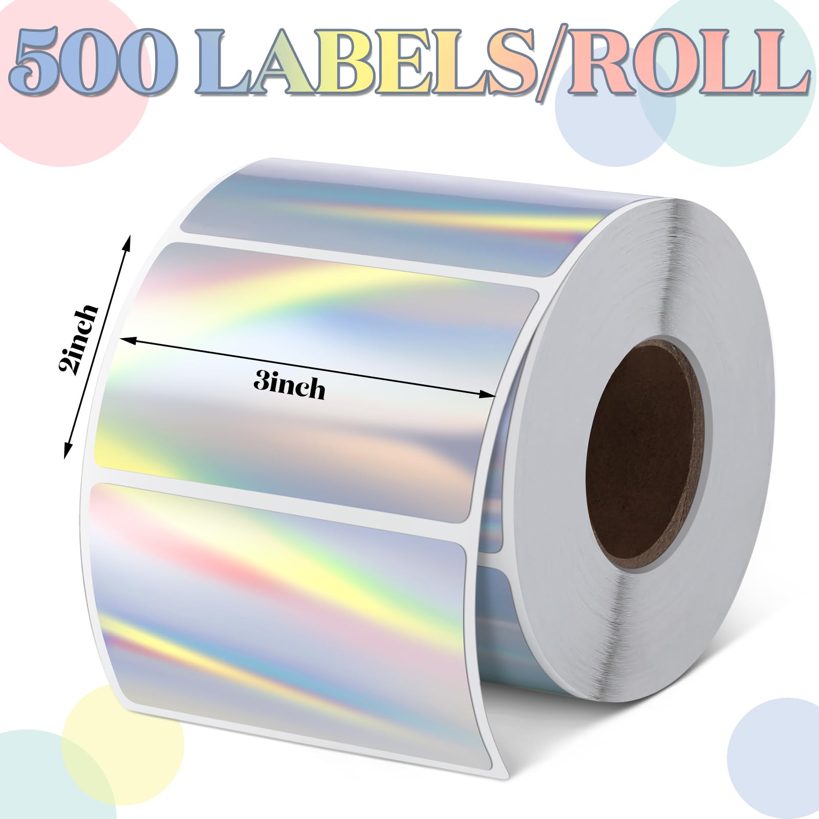 Kosiz 1000 Etiketten/2 Rollen 7,6 x 5,1 cm holografische Thermo-Aufkleber-Etiketten, selbstklebend, bedruckbar, Regenbogen-Aufkleber für DIY-Logo-Design, QR-Code, Namensschild (holografischer