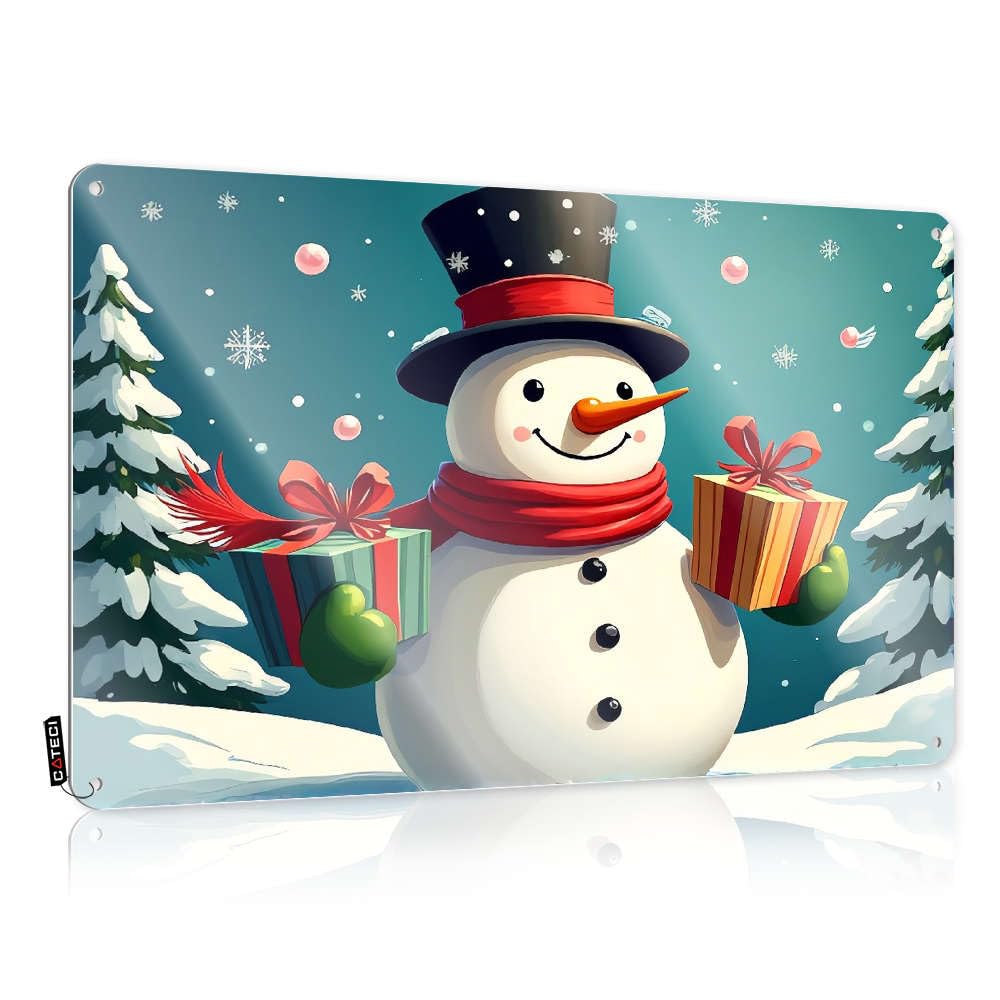 Fzfn Colour Wall Signs Aesthetic Upgrades Collection A Cheerful Snowman Holding Colorful Gifts In A Snowy Landscape. - Vintage Wall Decor For Terrace(30X40cm)