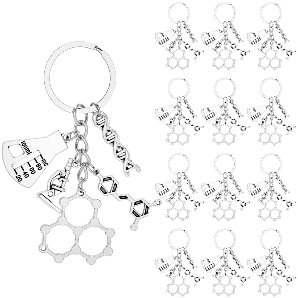 SUNNYCLUE 1 Box 20pcs Science Keychain Bulk DNA Key Chain Pack Silver Chemistry Atom Beaker Microscope Scientist Molecule Laboratory Teacher Keyring Set for Party Favors Handbag Charms Women Gift