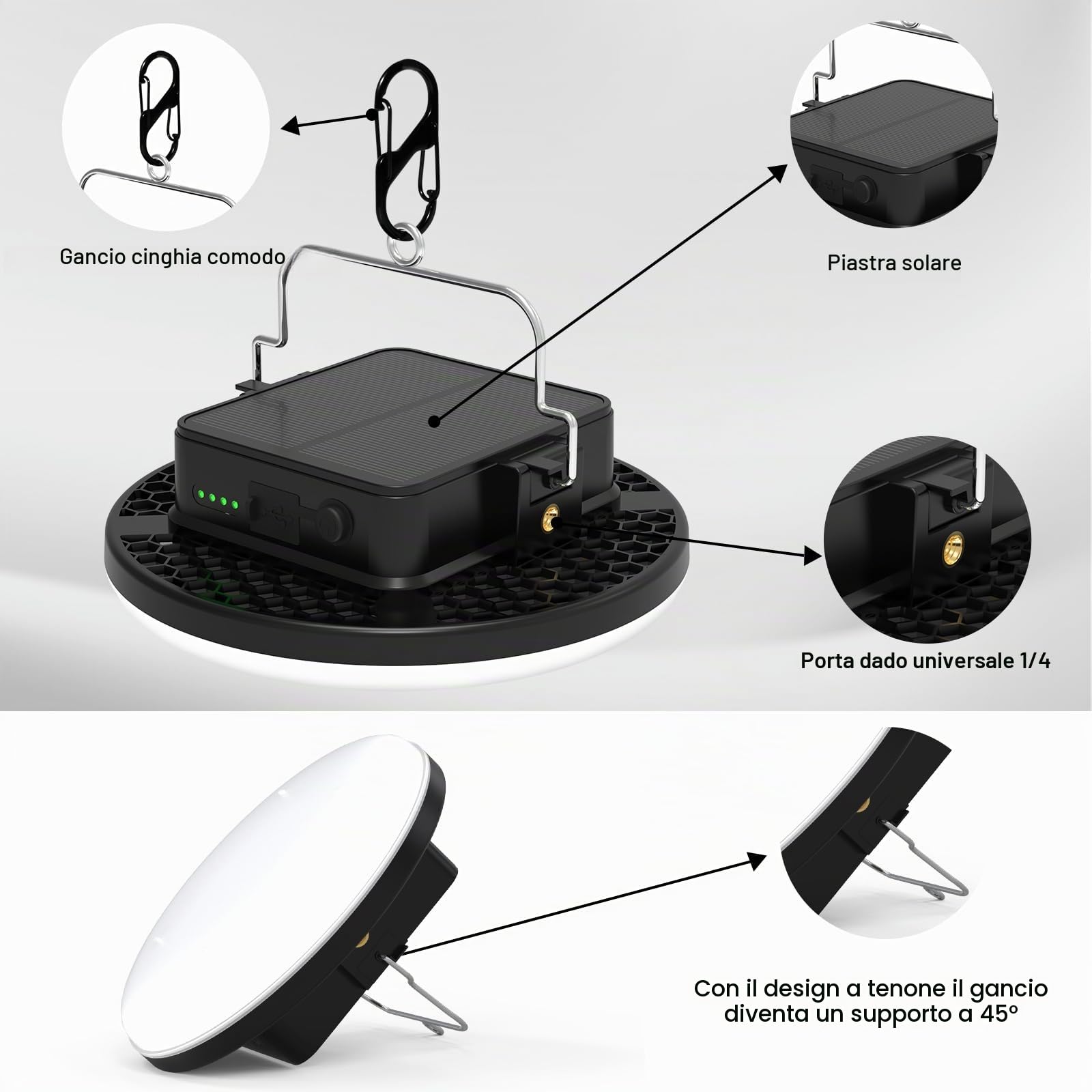iodoo 60W Lampada da Campeggio Solare Ricaricabile, 16500mAh Portatile Power Bank Luce Campeggio, 3000LM LED Luce da Tenda, 3 Colori 2700-6500K, per Campeggio, Escursionismo ed Emergenze Familiari