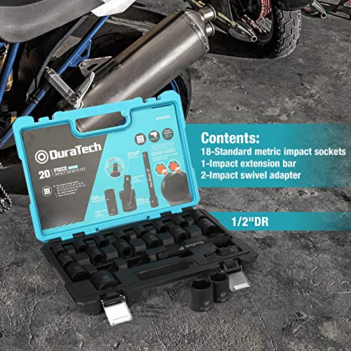 Duratech 1/2" Drive Impact Socket Set, 20-Piece Shallow Socket Set, Metric: 10-32Mm With Impact Extension Bar And Universal Joints #TOP1