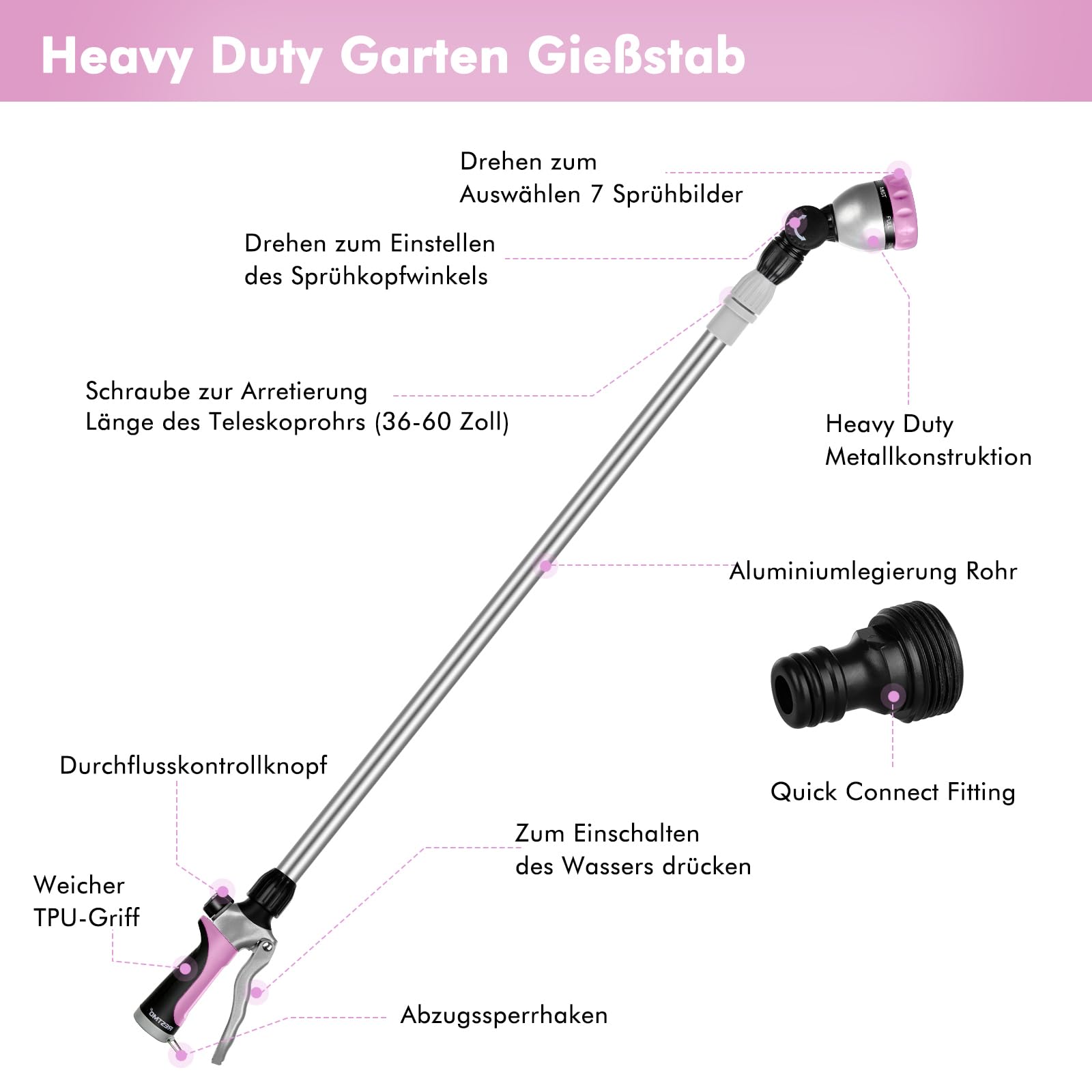 RESTMO Varita de riego de metal de 91-152 cm, tubo telescópico largo | Cabezal de trinquete ajustable de 180° | 7 patrones de pulverización | Control de flujo, pulverizador de manguera de jardín a