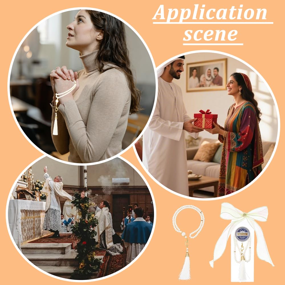 OLYCRAFT Set di 27 perline di preghiera islamiche bianche, per preghiera, bomboniere, con perle di vetro, nastro in organza di nylon, adesivi di carta e scatole di imballaggio, per festival, feste