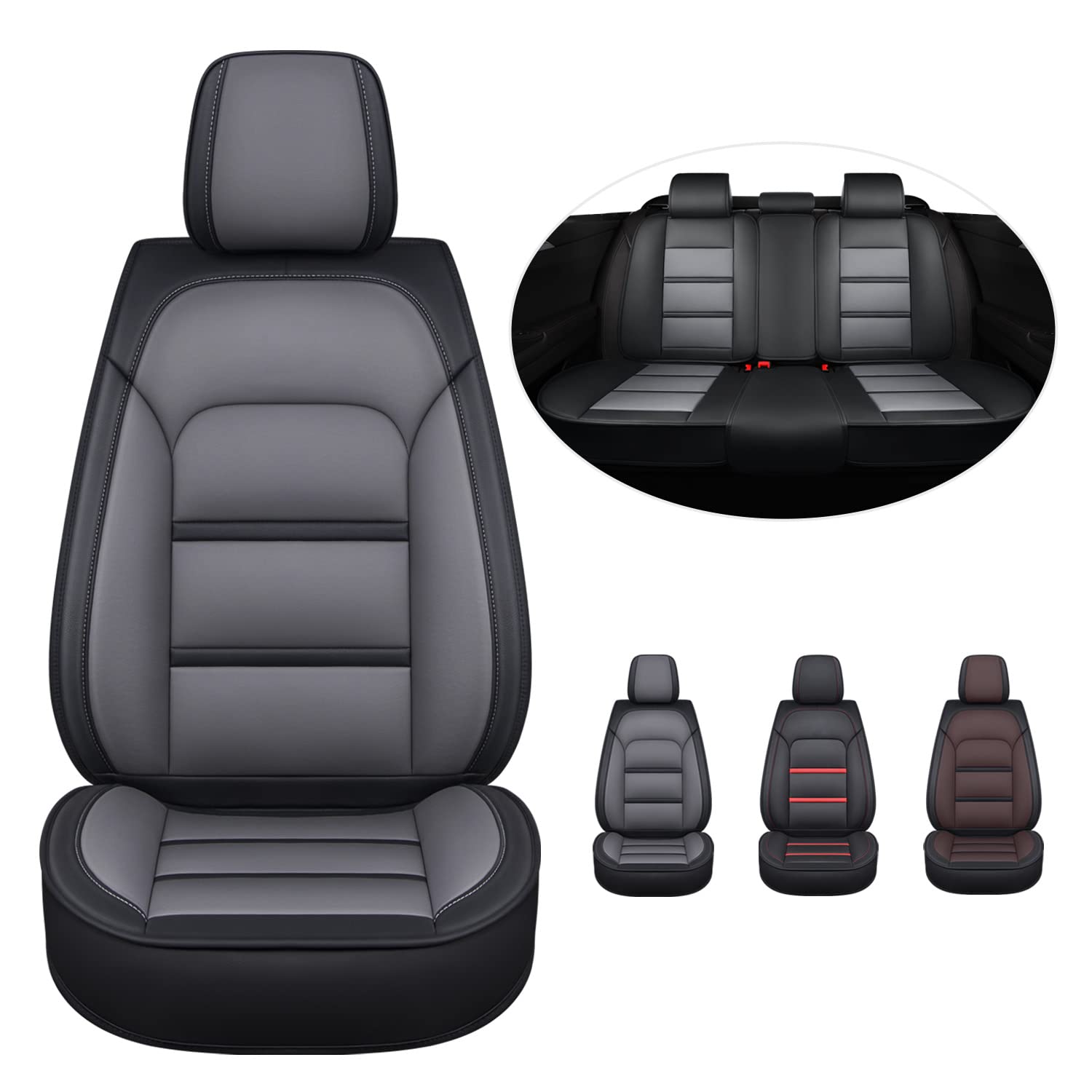 KC-001 Leather Car Seat Covers Full Set for 5 Seats, Universal Car Seat Covers with Front Seat Covers & Rear Seat Covers, Automotive Seat Covers Full Set, Waterproof Car Seat Protector, Grey