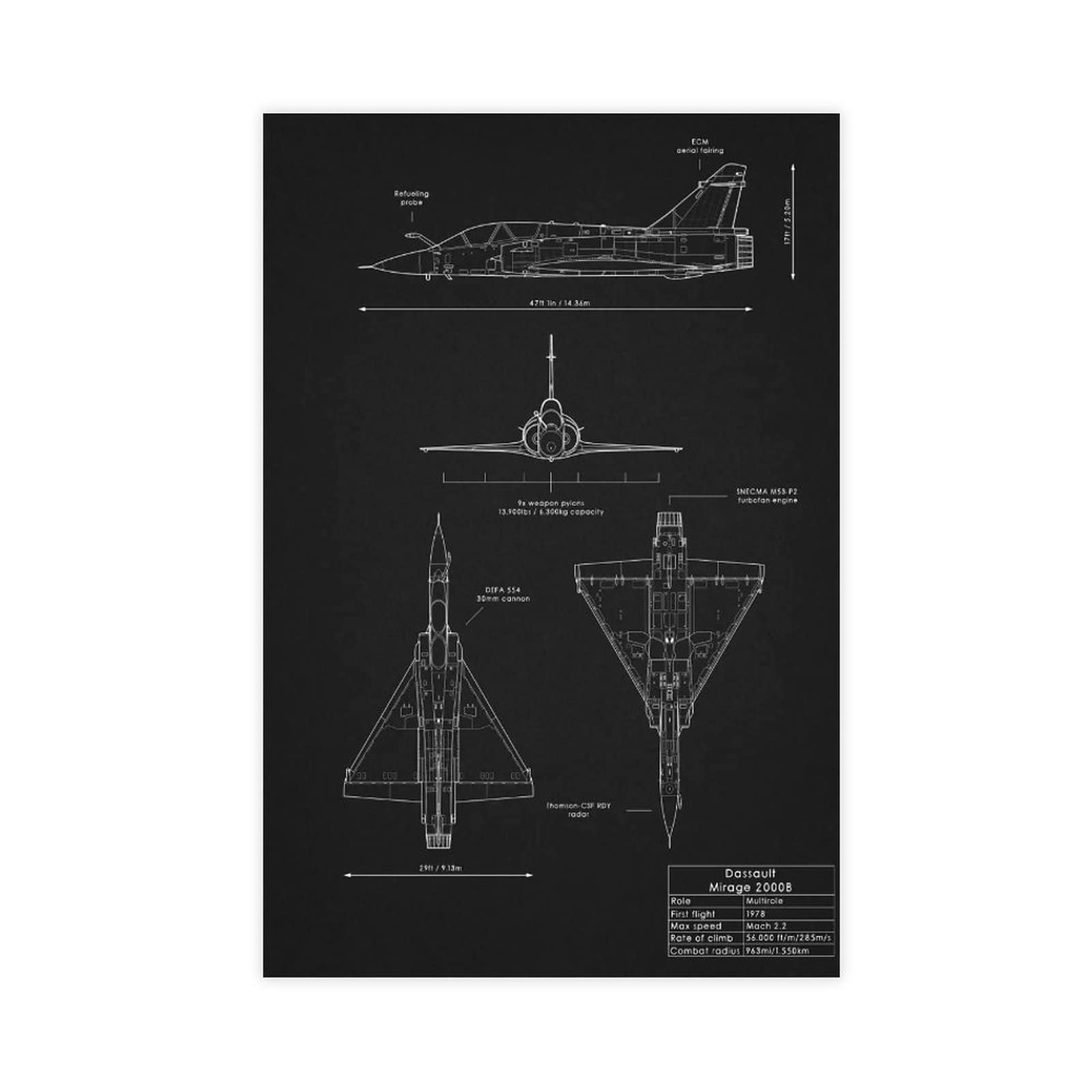 Aircraft Blueprint Mirage 2000B Poster Canvas Poster Bedroom Decor Sports Landscape Office Room Decor Gift Unframe-style 12x18inch(30x45cm)