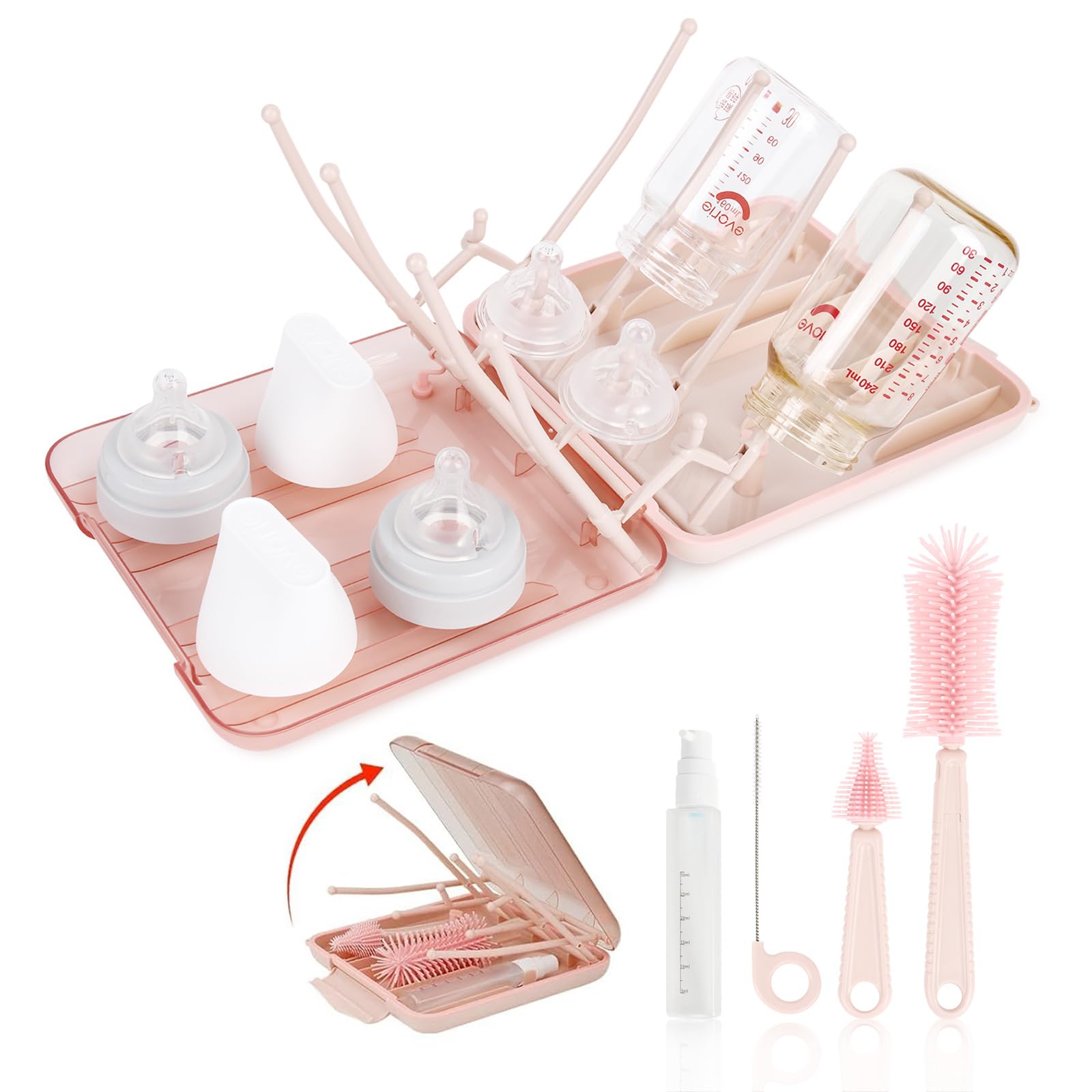Reise Baby Flaschenbürsten-Set, 6 in 1 Tragbarer Babyflaschen Bürste Set mit Silikonbürste, Nippelbürste, Strohbürste, Seifenspender und Flaschenhalter, ideal für Zuhause & Unterwegs
