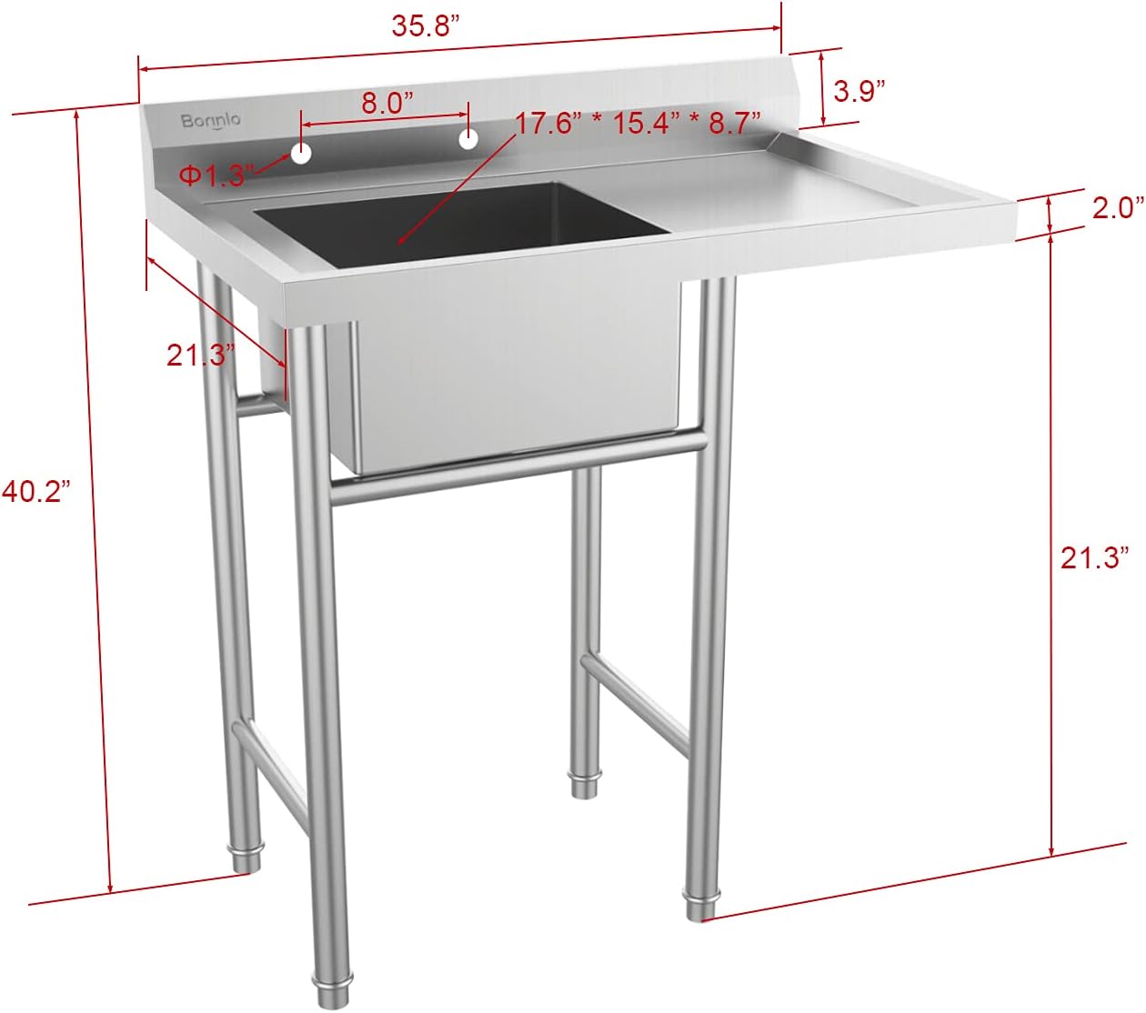 Buy Bonnlo 304 Stainless Steel Utility Sink with Drainboard, One Compartment Workbench Sink