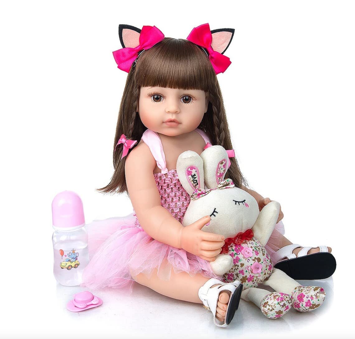 Black Foru Baby Reborn Toddler Baby Dolls Silicone Full Body Girl 22 inch Long Hair Anatomically Correct Waterproof Dolls Reborn Pink Dress Birthday Gift Set for Girls 2
