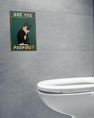 Miniatura 2 de Letrero de metal divertido para decoración de pared de baño, esmoquin de gato, 8 x 12 pulgadas, con texto en inglés "Are You Pooping", decoración de