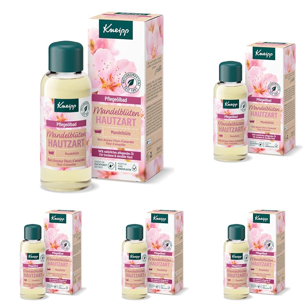 Kneipp Pflegeölbad Mandelblüten Hautzart - Ölbad mit 94% reinem Mandelöl - optimale Kombination aus aktivem Schutz und fühlbarer Pflege - für trockene und sensible Haut - 100ml (Packung mit 5)