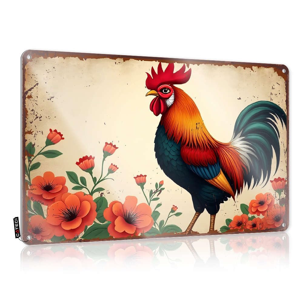 Fzfn Colour Music Backyard Bar Funny Wall Art - A Colorful Rooster Stands Amidst Vibrant Orange Flowers. Waterproof Rustic Wall Hanging(30X40cm)