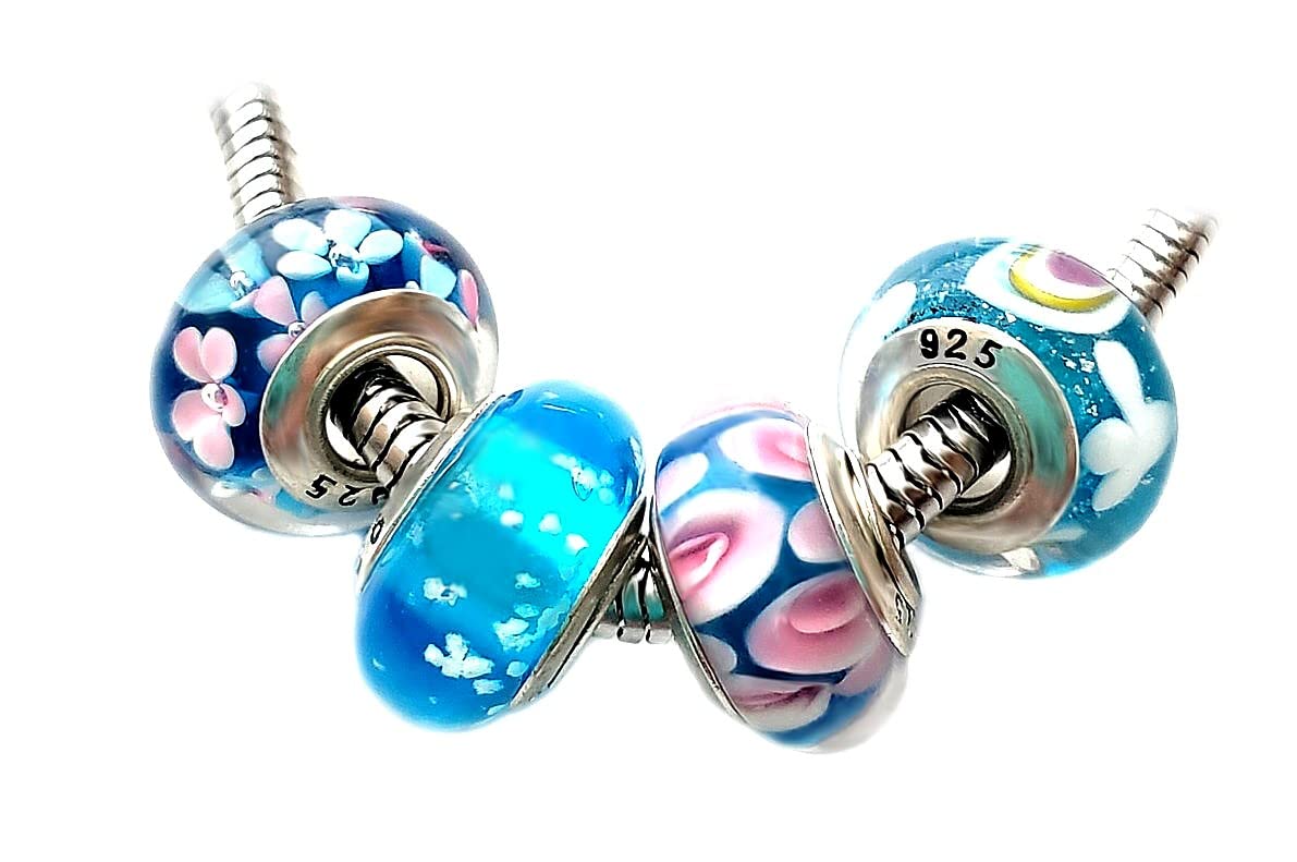 Set of 4 Handmade Murano Glass Charm Bead for Charms Bracelets Style#1113, Glass, No Gemstone