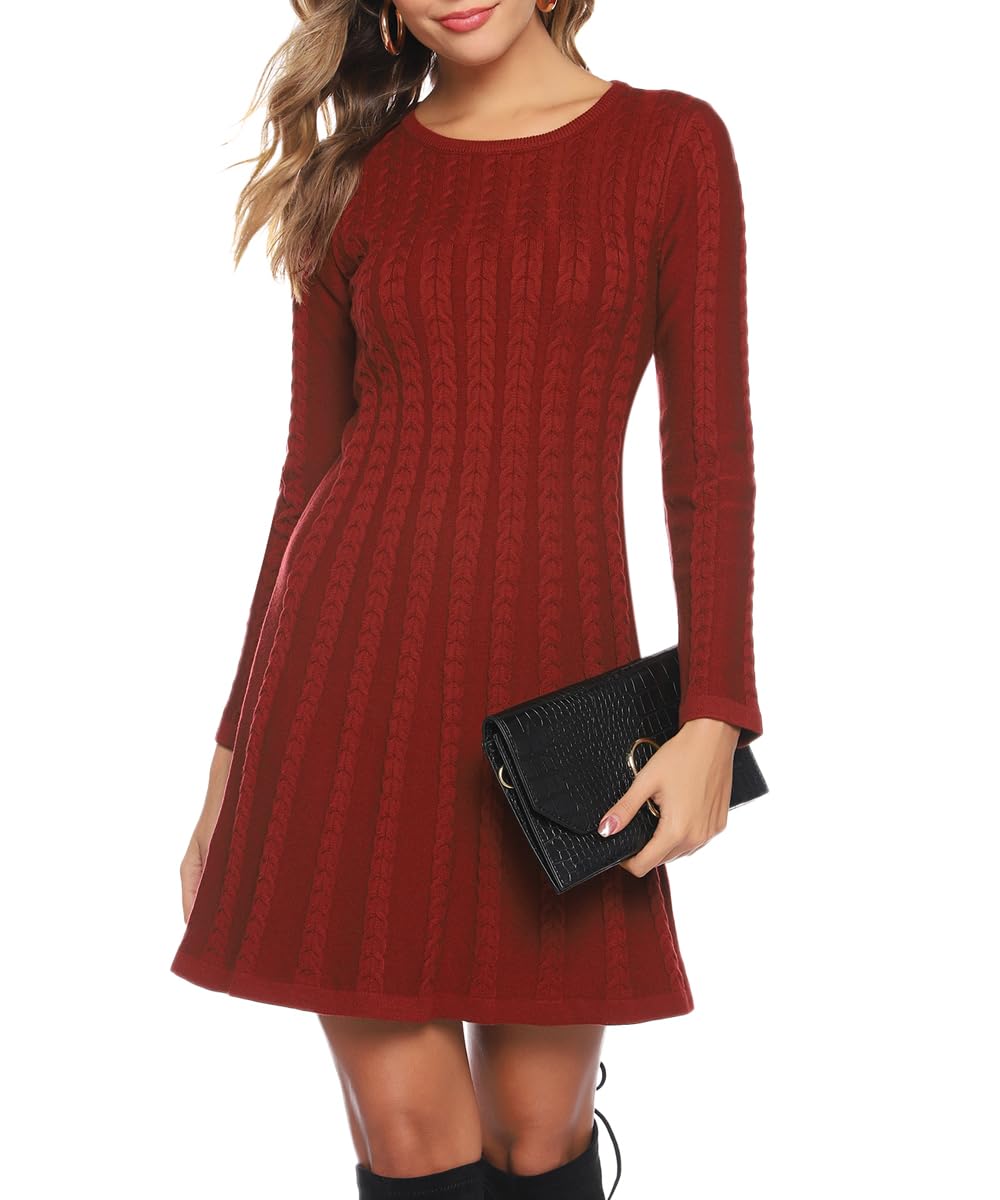 Gyabnw Vestito Casual Donna Invernale in Maglione Abito Vita Alta Elegante in Girocollo di Orlo Svasato Abito Linea A in Maglia al Ginocchio Caldo di Moda Treccia Ritorta