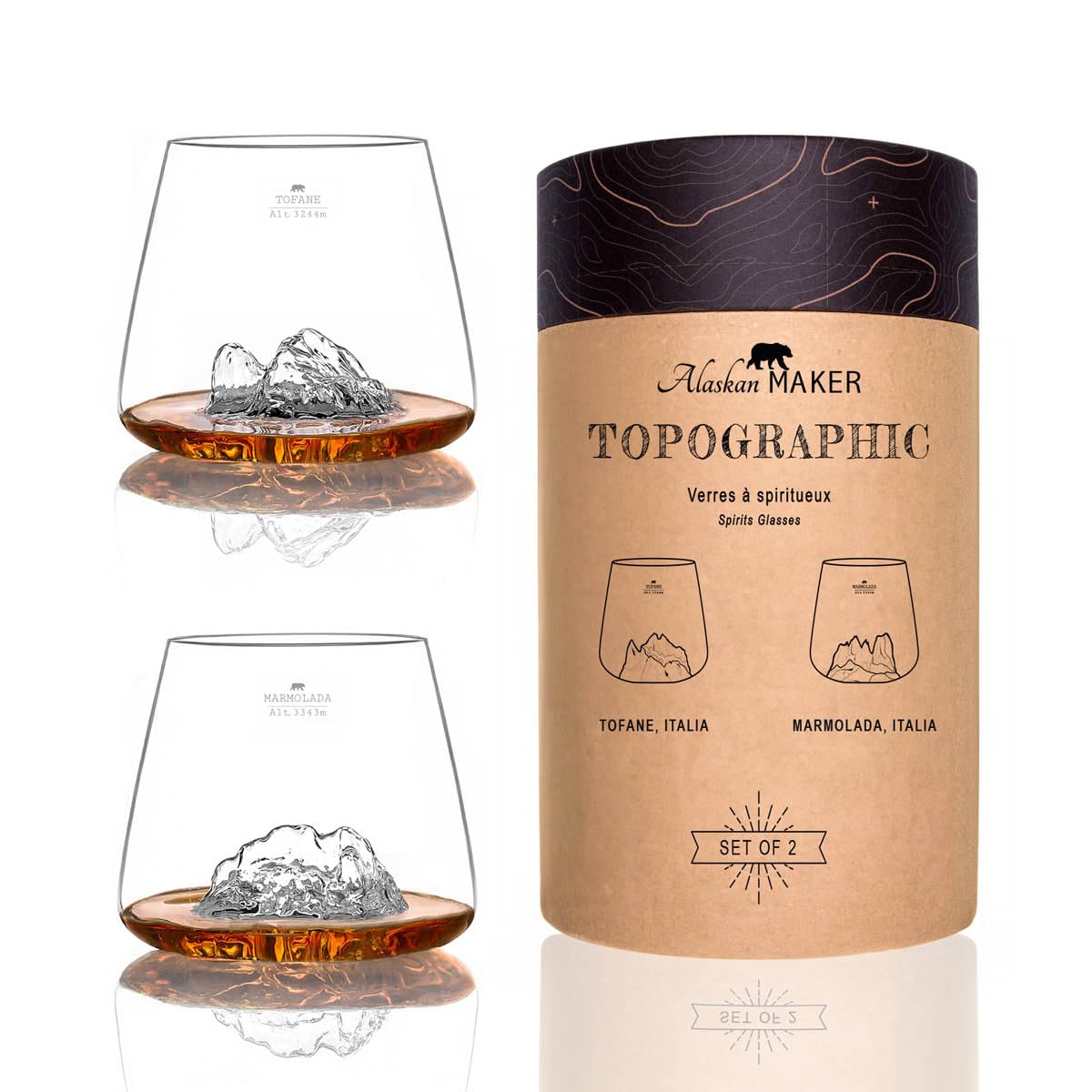 Alaskan MAKER - Vasos de whisky de 350 ml (juego de 2) - Borosilicato de alta calidad, soplado artesanalmente con montañas en relieve | Forma Tulipán | Espíritus TOPOGRAPHIC (Tofane & Marmolada)
