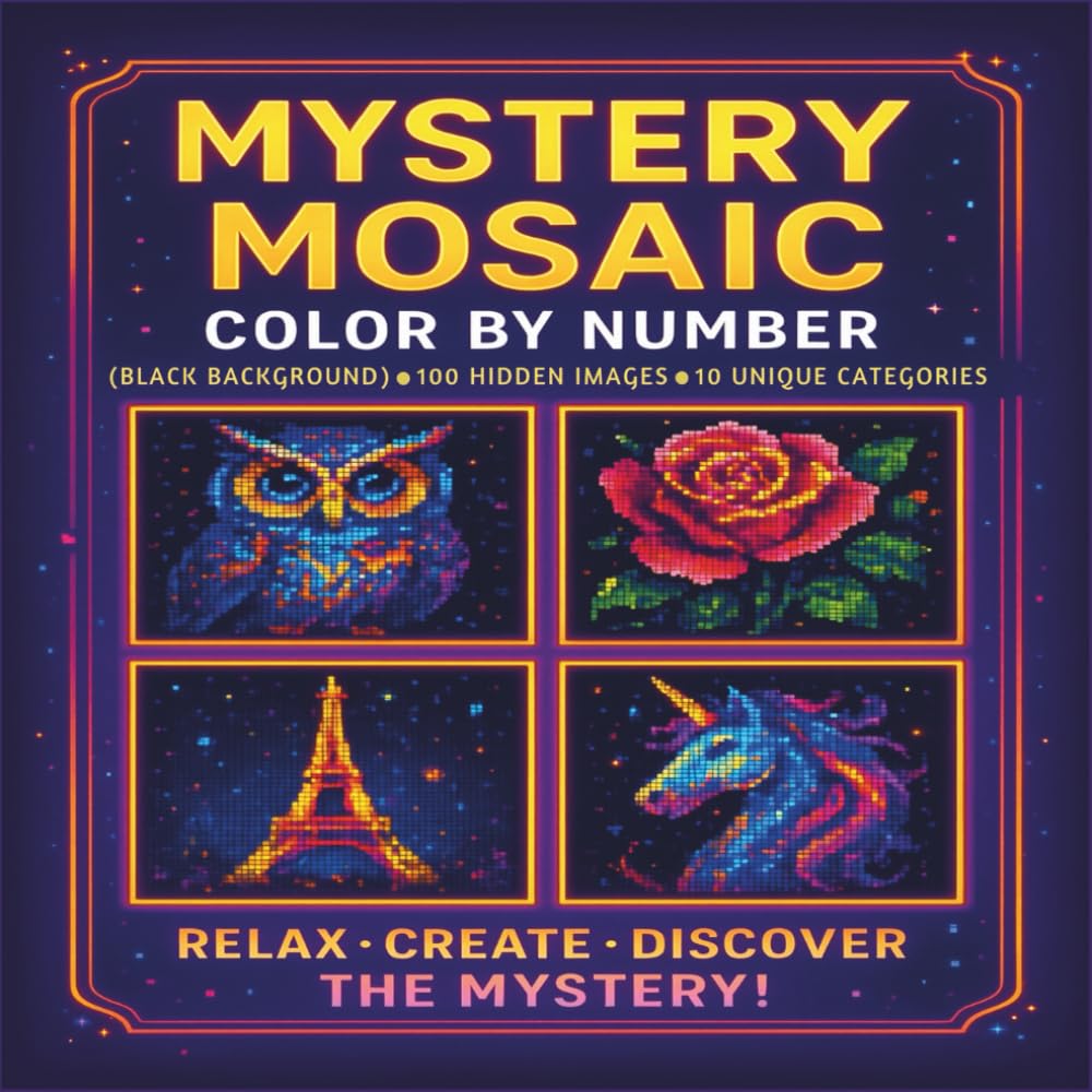 Mystery Mosaic Coloring Book for Adults: 100 Color by Number Puzzles on Black Background | Relaxing Creative Fun
