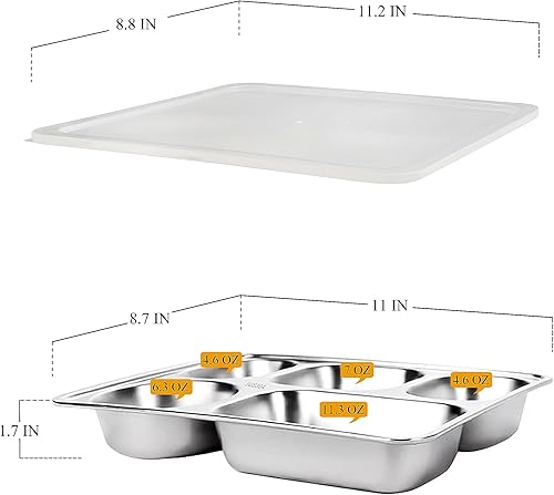 Miniatura 2 de VENTION Platos divididos de acero inoxidable para adultos, 5 platos de compartimentos con tapas, platos llanos de 5 secciones, paquete de 2