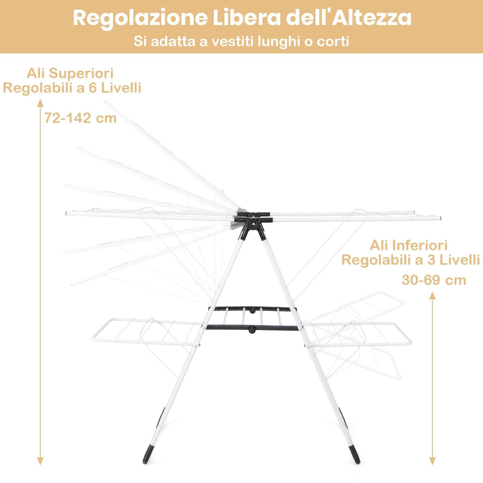 RELAX4LIFE Stendibiancheria Salvaspazio a 2 Livelli con Ali Pieghevoli in Metallico, Altezza Regolabile, Stabile, Stendino Portatile per Calzini Lenzuola Vestiti, Senza Assemblaggio, 145x58x95cm