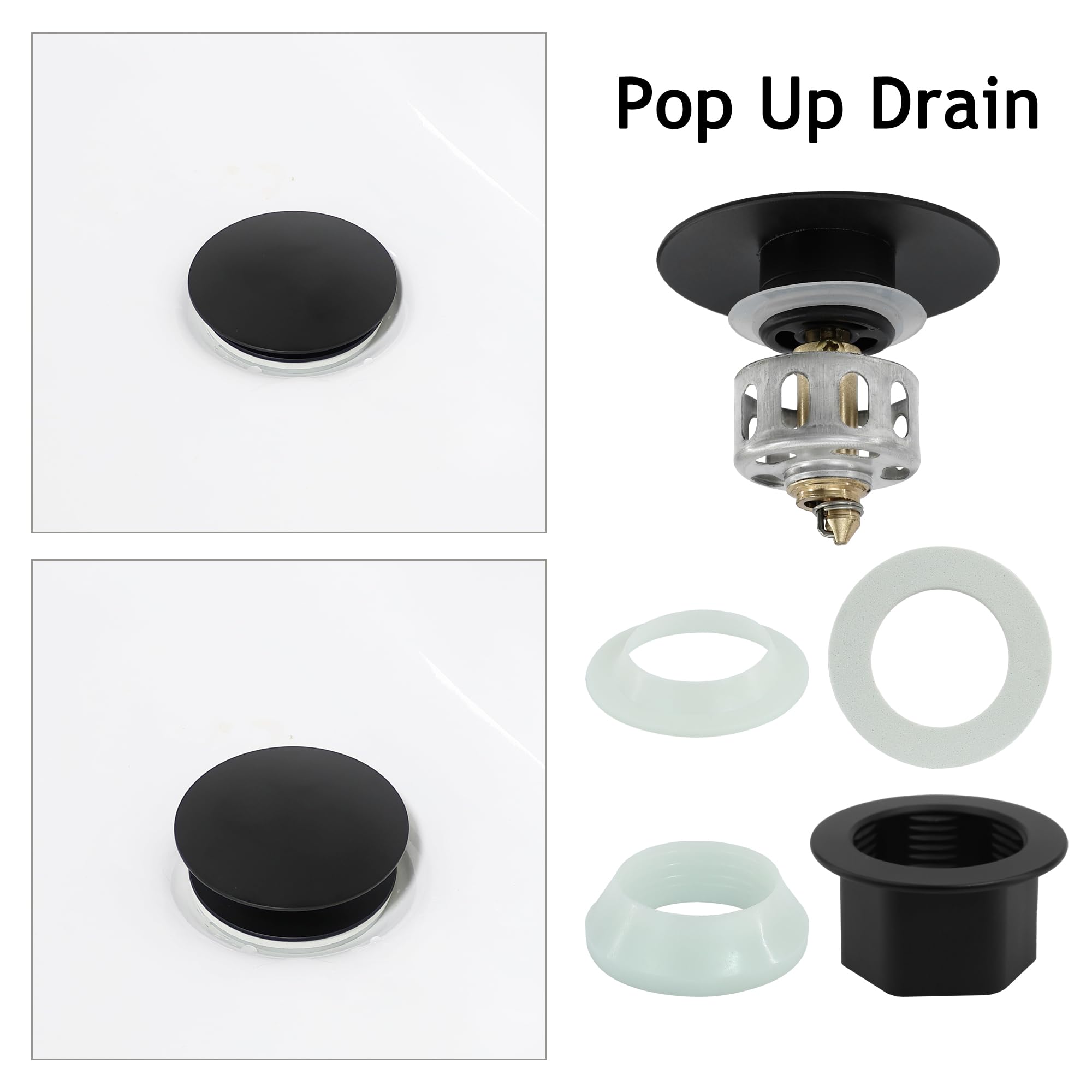 Juego de 4 tapones de drenaje sin desbordamiento, conjunto de drenaje desplegable con cesta de colador desmontable, antiobstrucción integrada, tuerca de acero inoxidable mate negro