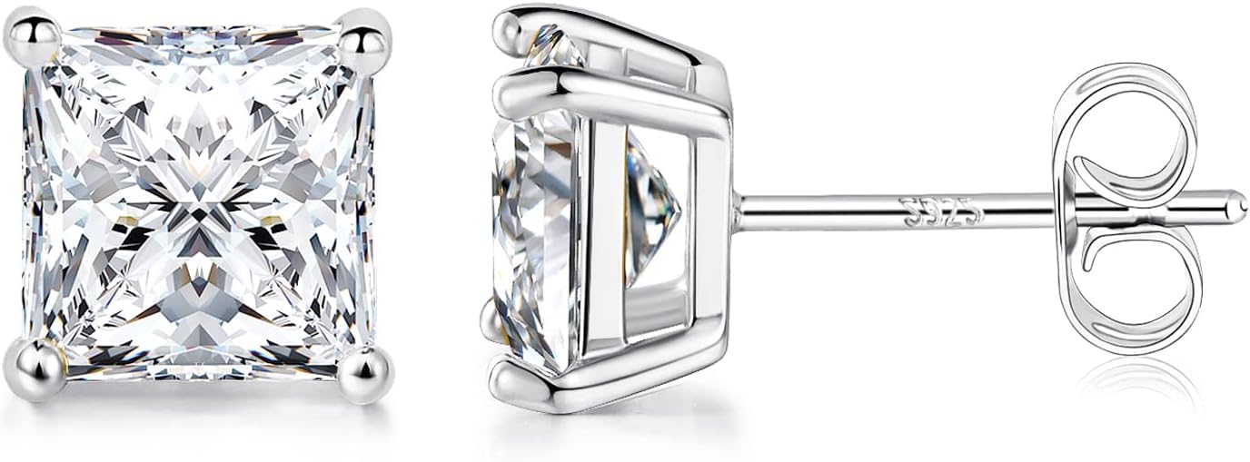 Princess Cut Cubic Zirconia 925 Sterling Silver Post Stud Earrings for Women Men