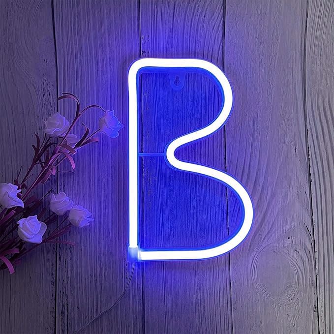 Blue Neon Sign Light Letters - Battery/USB Powered - easily mounted on walls Bedroom Wedding Birthday Christmas Decorations Neon Sign Lights for Graduation Festive Ambiance Lights Sign（Letters B)