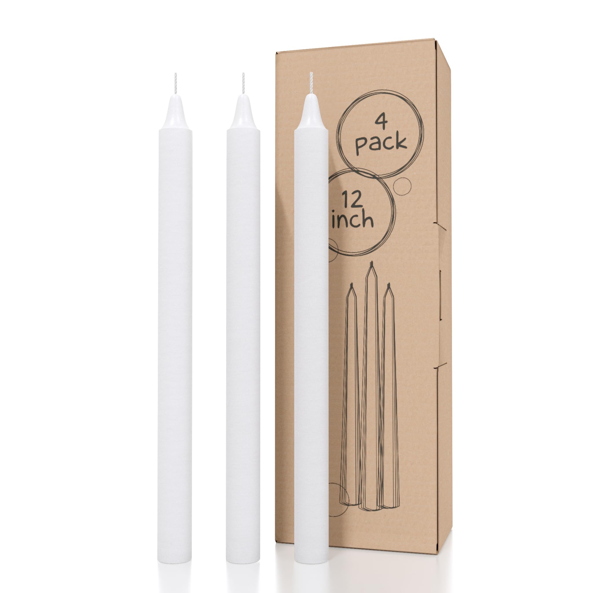 CANDWAX White Taper Candles - Pack of 4, 12 inch, Unscented, Dinner & Table Candles - Slow Burning, Dripless & Smokeless