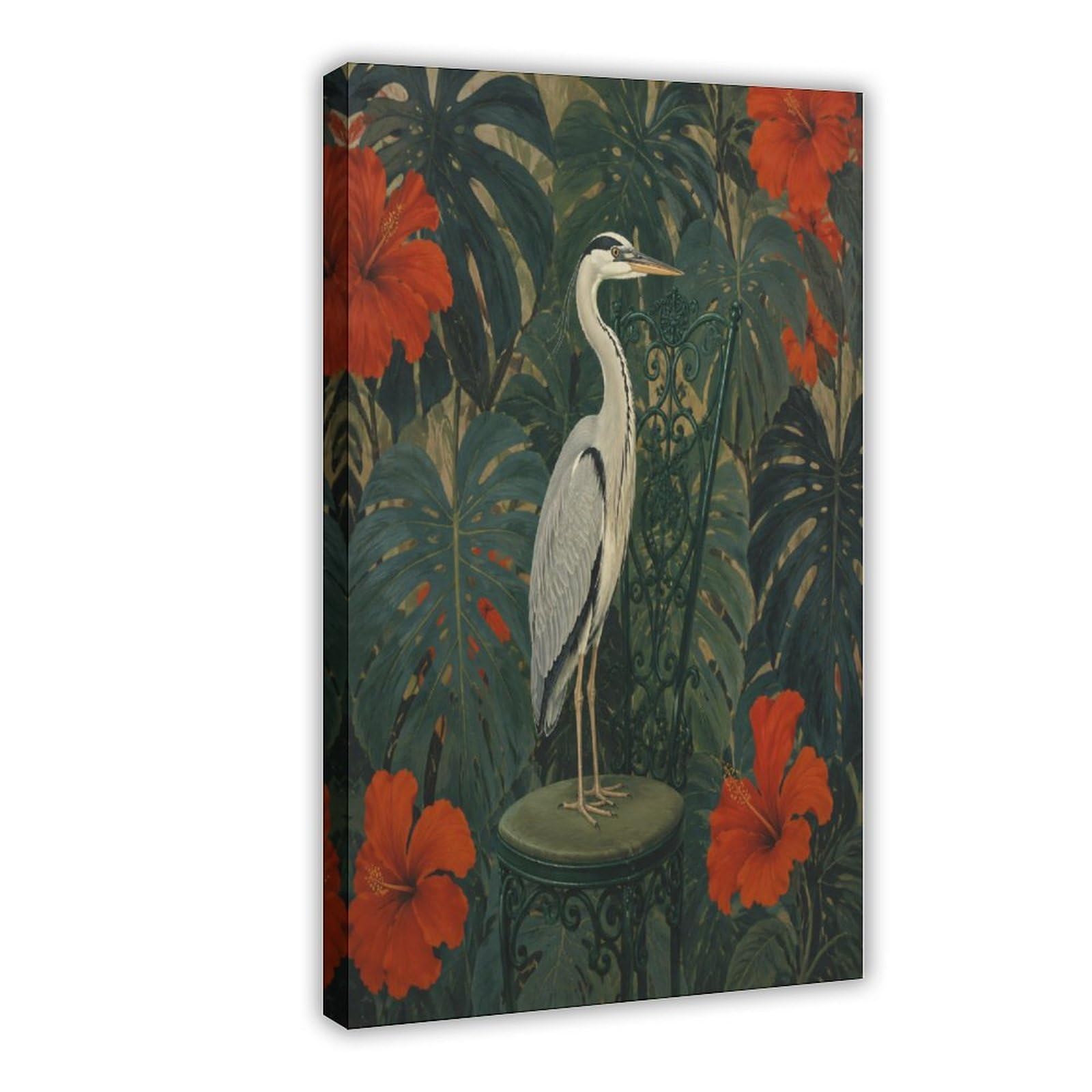 Jardín Heron Hibiscus Arte de Pared en Lienzo, Botánicos Dormitorio