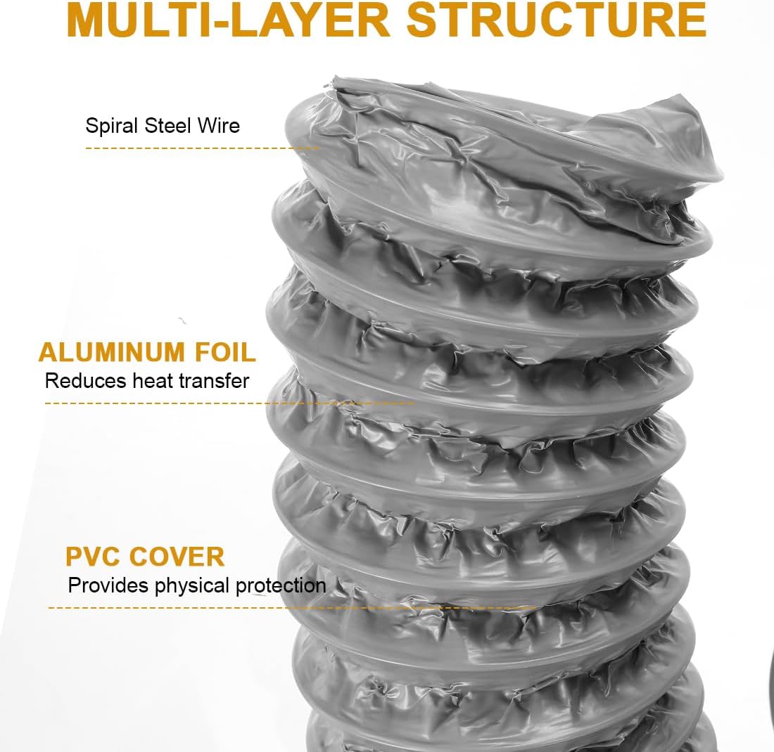 Dryer Vent Hose 4 Inch 13 Feet PVC Aluminum Foil Ducting Insulated Air Duct for HVAC Ventilation, Exhaust with 2 Clamps