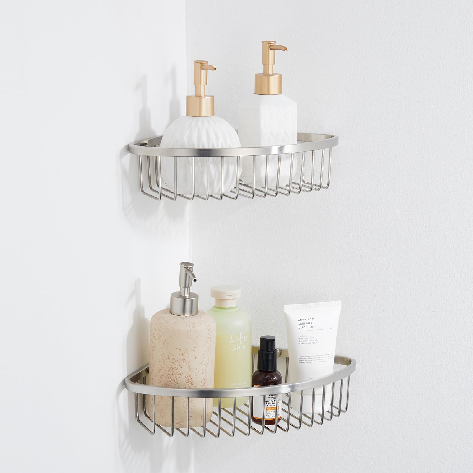 Cesta de ducha esquinera – Estante de ducha de baño de acero inoxidable/organizador para almacenamiento de ducha – Estante de esquina de pared resistente – Juego de 2